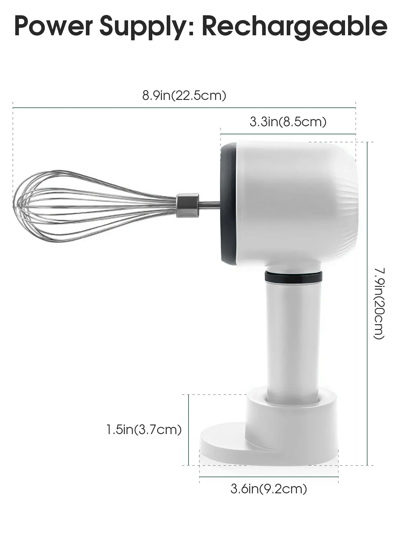 USB Rechargeable Electric Hand Blender — Wireless Portable 3-Speed Hand Whisk with 2 Attachments for Baking, Milk & Cream
