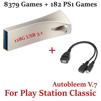 128GB Flash Drive U-Disk for PlayStation Classic – 8379 Games + 182 PS1 Games, Plug & Play with Micro USB OTG Cable