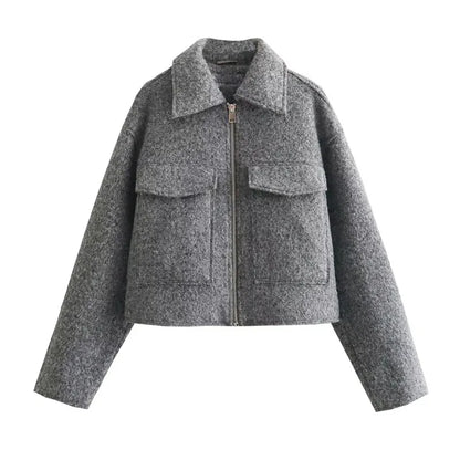 TRAF Women’s Autumn Winter Cropped Tweed Jacket – Short Zip Coat, Demi-Season Outerwear