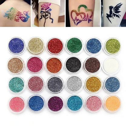 Temporary Glitter Tattoos Kit — 24 Colors with Glue & Stencils, Face & Body Makeup Set for Party & Music Festivals