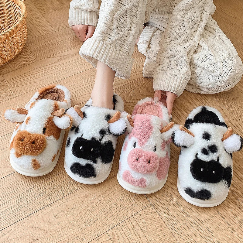 Women’s Fluffy Cartoon Cow Slippers – Cute Casual Flat Plush Winter Platform Shoes for Home
