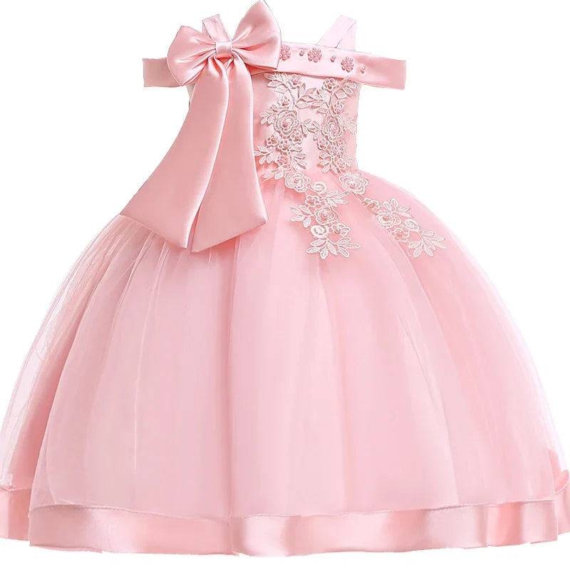 Girls’ Christmas Party Dress - Elegant Appliqué Flower Bow Gown for Weddings, Birthdays & Prom Ages 3–10