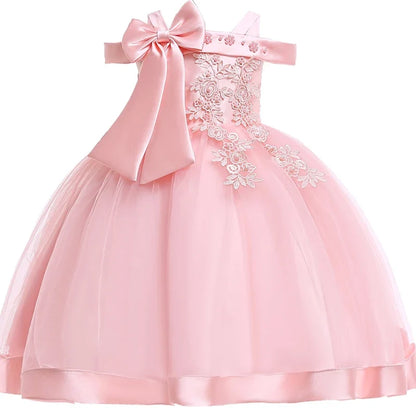 Girls’ Christmas Party Dress - Elegant Appliqué Flower Bow Gown for Weddings, Birthdays & Prom Ages 3–10