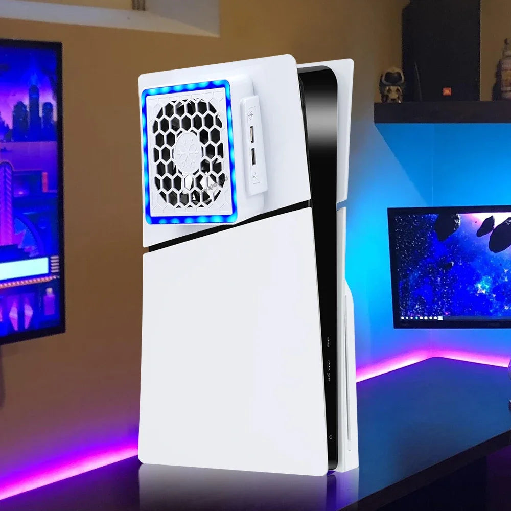 NEW Side-Mounted Cooling Fan for PS5 Slim – LED Light & 2 USB Ports Game Console Cooler Accessory