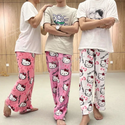 Hello Kitty Black Anime Flannel Pajamas - Women's Warm and Cozy Casual Home Pants