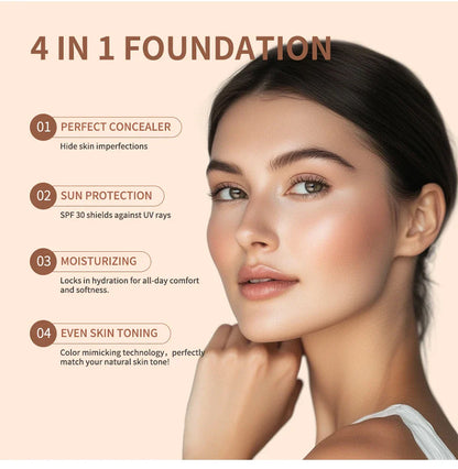 Color-Changing 4-in-1 Foundation – Moisturizing SPF 30+ Longwear Waterproof Makeup Base for Hydrating Travel Coverage