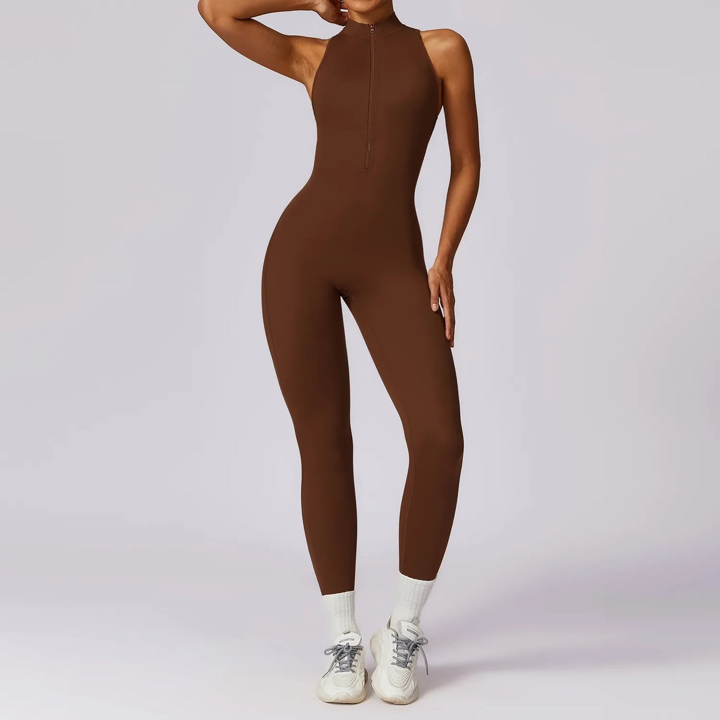 Women’s V-Back One-Piece Sports Jumpsuit — Sleeveless Yoga Romper with Zipper Workout Bodysuit