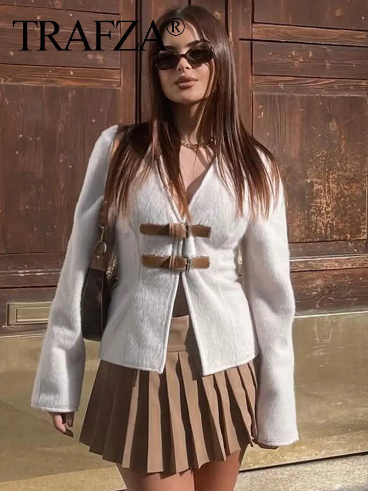TRAFZA Women’s Retro Leather Buckle Woolen Coat – Fashion Solid V-Neck Beige Jacket, Autumn Spring Streetwear