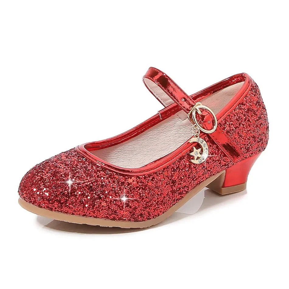 Girls Glitter Crystal High Heel Sandals - Buckle Princess Dance & Performance Shoes