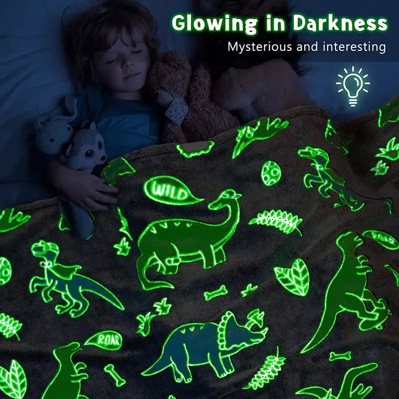 Luminous Unicorn & Dinosaur Plush Blanket – Glow-in-the-Dark Soft Flannel Throw for Boys & Girls, Christmas Gift