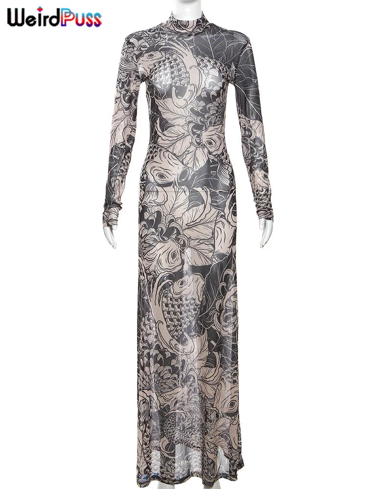 Mesh Print Women's Maxi Dress: Weird Puss Pattern, Turtleneck, Full Sleeve - Autumn Trendy Hipsters High Street Party Y2K Attirewear