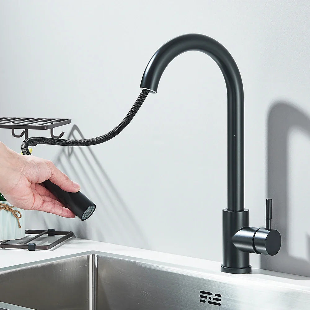 Black Pull-Out Kitchen Faucet - Deck Mounted, Flexible Hot & Cold Water Sink Mixer Tap with Stream & Shower Modes Nozzle