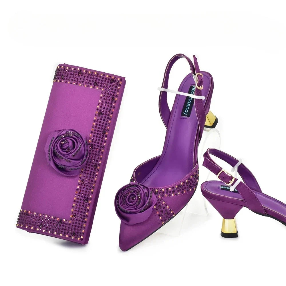 Women's Rhinestone Shoe & Bag Set - Nigerian Party Pumps with Handmade Flower Matching Bag