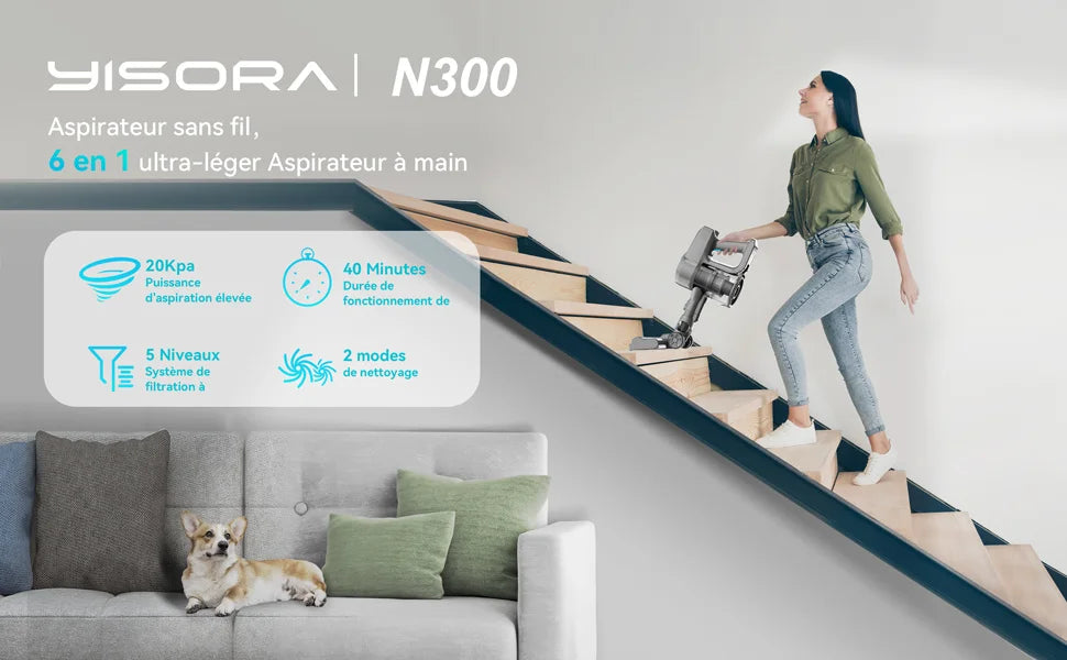 YISORA N300 Cordless Upright Vacuum Cleaner - 20KPa Lightweight Stick Vacuum for Carpet, Hard Floor, Car, Pet Hair