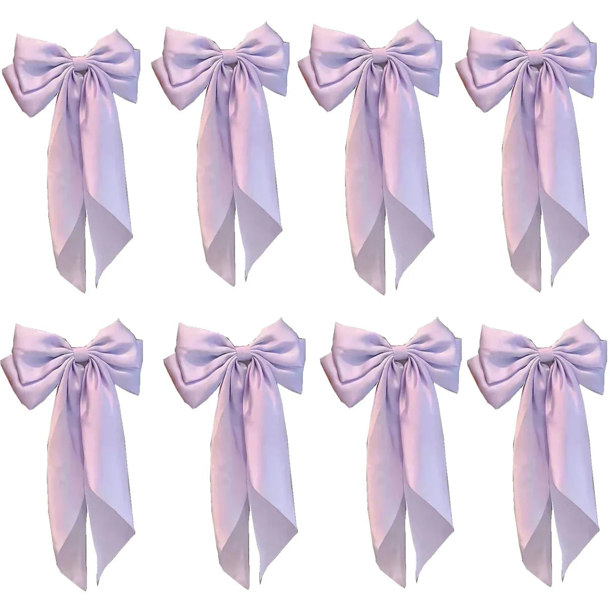 8 Ladies Satin Ribbon Bow Hair Clips – Oversized White, Pink, Red, Blue, Black Long Tail, Spring Clip for Ponytail Hair Accessories