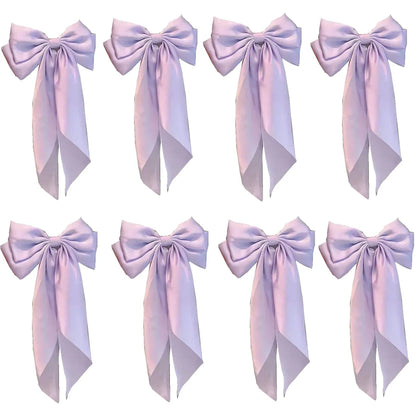 8 Ladies Satin Ribbon Bow Hair Clips – Oversized White, Pink, Red, Blue, Black Long Tail, Spring Clip for Ponytail Hair Accessories