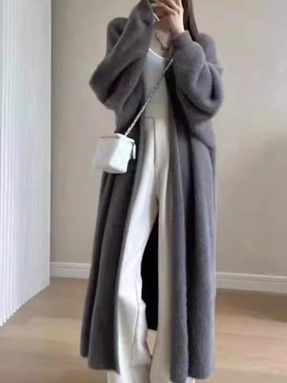 Autumn/Winter Women’s Lazy Style Knee-Length Cardigan – Thickened Imitation Mink Fleece Knitted Sweater, Warm Coat