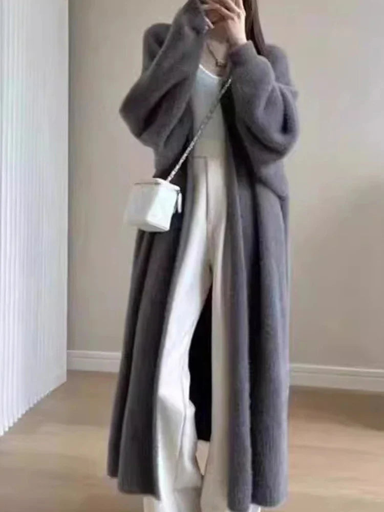 Autumn/Winter Lazy Style Warm Knee-Length Cardigan – Thickened Imitation Mink Fleece Knitted Sweater, Women’s Warm Coat