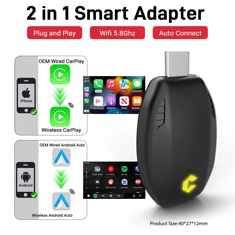 2025 Wired to Wireless CarPlay 2 in 1 Mini Adapter – Android Auto Smart Box, Plug & Play, OTA Update, Universal Compatibility