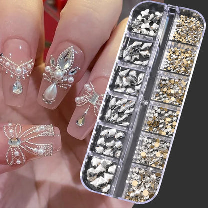 12-Grid 3D Glass AB Crystal Nail Art Rhinestones Kit – Flatback Round Beads with Tools for Nail Jewelry & Diamond Decoration