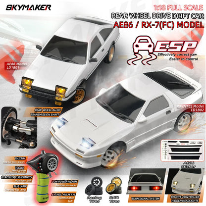 1:18 Skymaker AE86 & RX-7 FC RC Drift Cars with 2.4G Remote, ESP Gyroscope & LED Lights – Mini Racing Toy Cars