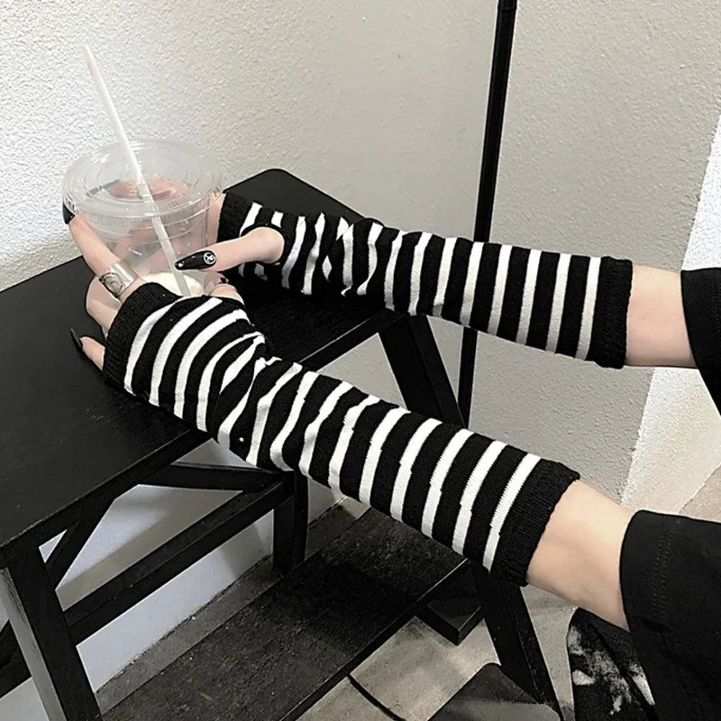 Black Punk Long Fingerless Gloves - Stretchy Elbow Mittens for Men and Women, Cool Winter Arm Warmers for Outdoor Hip-Hop Style