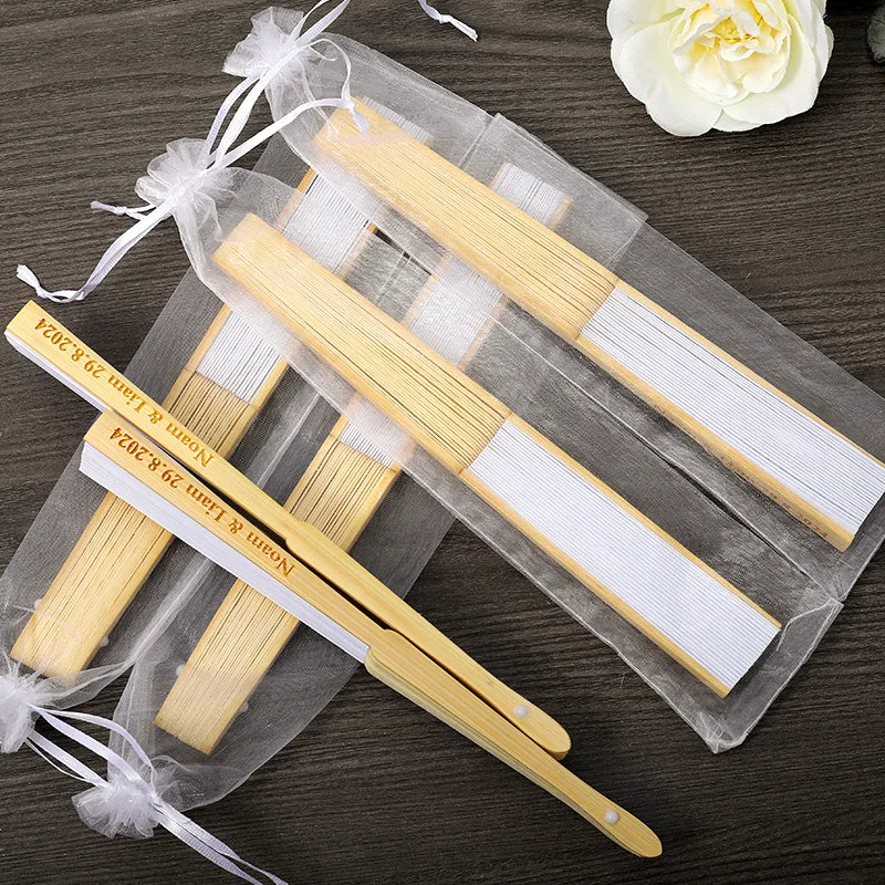 50-100 Personalized Engraved Folding Silk Hand Fans with Gift Bag - Custom Wedding Fans, Elegant Decorations