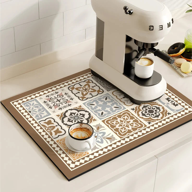 Retro Coffee Maker & Dish Drying Mat – Non-Slip, Quick-Dry Kitchen Placemat for Tableware, Washable