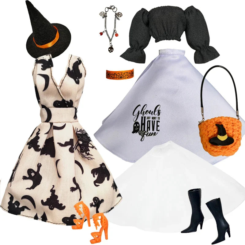 1/6 Doll Halloween Cosplay Outfit – Witch Dress, Cap, Belt, Bag & Broom for 12" BJD / 30cm Dolls
