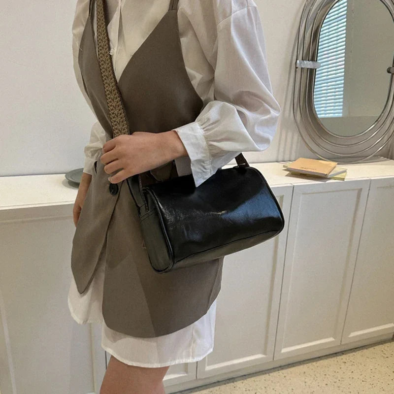 Vintage PU Leather Boston Handbag – Small Women’s Crossbody Purse for Casual Travel & Fashion