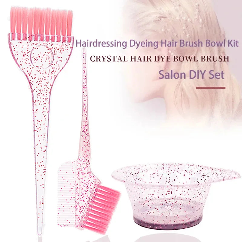 3pcs Hair Coloring Brush Set – Shiny Crystal Mixing Bowl & Easy-Clean Tinting Brushes for Salon & DIY Hairdressing