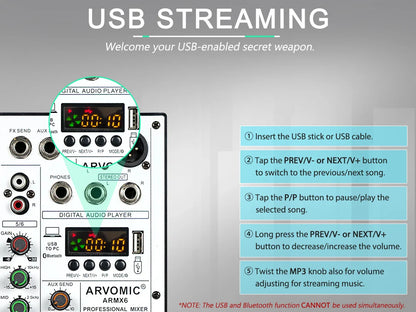 ARVOMIC 6 Channel DJ Audio Mixer – USB Interface, Bluetooth, 16 DSP Effects, 3-Band EQ (ARMX-6)