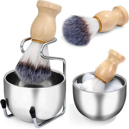 Men's Shaving Brush and Bowl Set - 3-in-1 Shaving Kit with Wood Handle Brush - Stainless Steel Shaving Bowl & Brush Stand