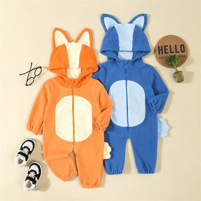 Cartoon Dog Costume for Toddlers - Blue & Orange Hooded Halloween Jumpsuit with Ears & Tail