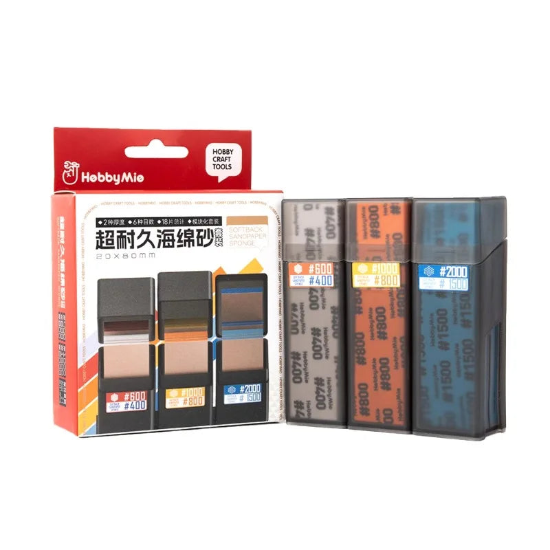HOBBY MIO #400–#2000 Softback Sandpaper Sponge Set – Curved Sanding Tools with Storage Box for Plastic Model Polishing
