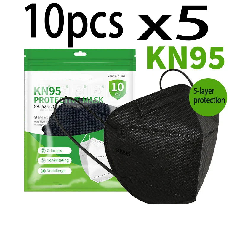 50/100PCS Adult KN95 Masks – Black & White, 5-Layer Dustproof Face Mask with Breathable Design & Adjustable Nose Bridge