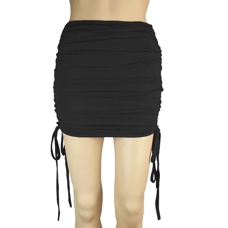 Women’s Adjustable Elastic Knitted Mini Skirt – Sexy Slim Fit Pleated Bodycon Skirt with Drawstring, Spring & Autumn Fashion