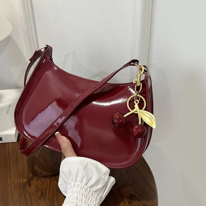 Women's PU Leather Shoulder Handbag – Solid Color Versatile Underarm Bag with Cherry Pendant Casual Commuting Purse