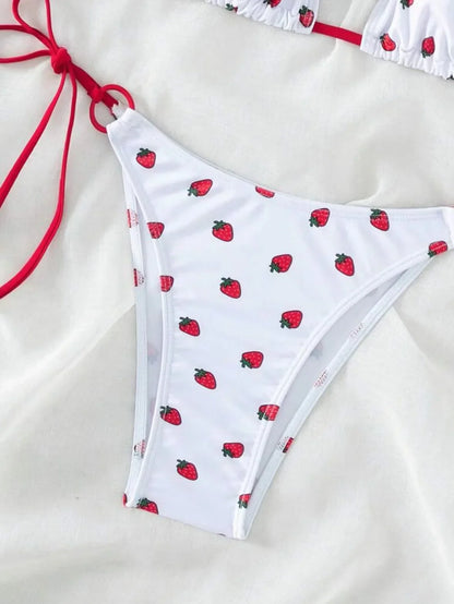 Women’s Strawberry Print Halter Bikini Set – Cute Two-Piece Swimwear, Beach Bathing Suit Summer Beachwear Outfit
