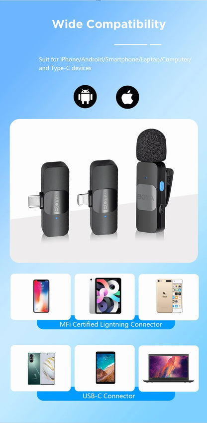 BOYA BY-V Wireless Lavalier Microphone – Professional Mini Mic for iPhone, iPad, Android, Live Broadcast, Gaming, Recording & Vlog