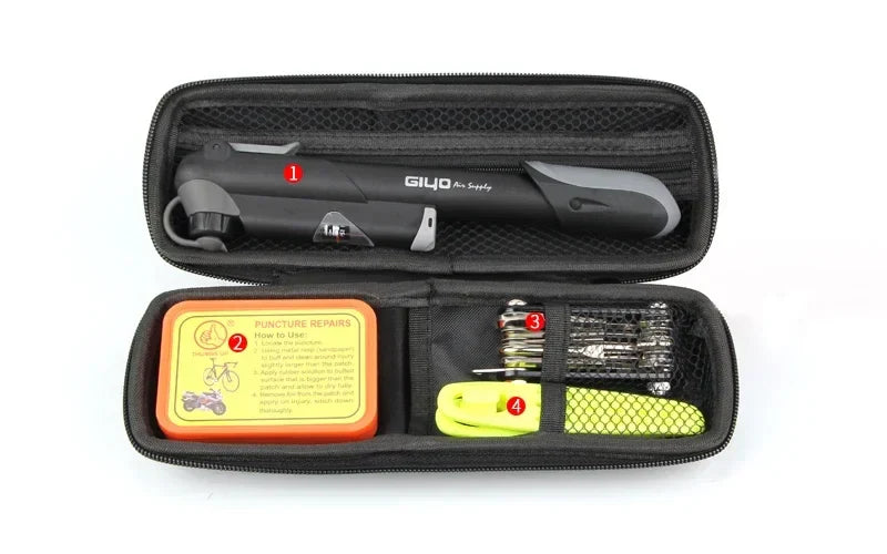 Multifunctional Bicycle Repair Kit – Pump, Tire Patch, Lever & Tools for Road Bike Maintenance
