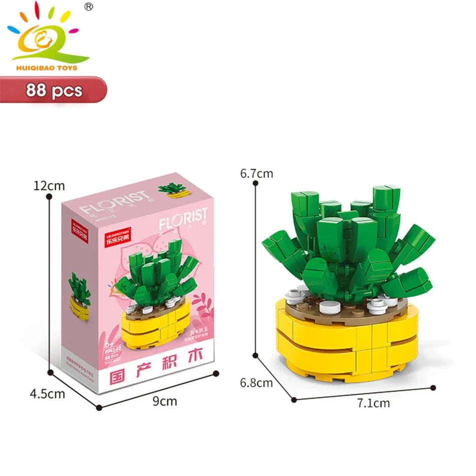 HUIQIBAO MOC Flower & Succulent Potted Building Block Set – DIY Eternal Bouquet, Home Desk Plant Decor, Girls & Kids Toy Gift