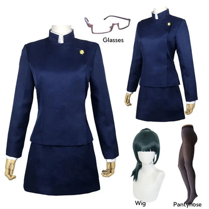Jujutsu Kaisen Maki Zenin Cosplay Costume — Glasses, Wig, Top & Skirt Full Set for Halloween, Women & Men Uniform