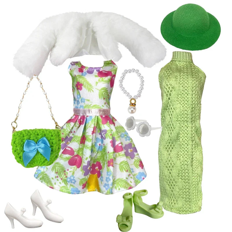 1/6 Doll Clothes Set — Handmade Fashion Outfits with Green Dress, Bag & Shoes for 12-Inch (30cm) Dolls
