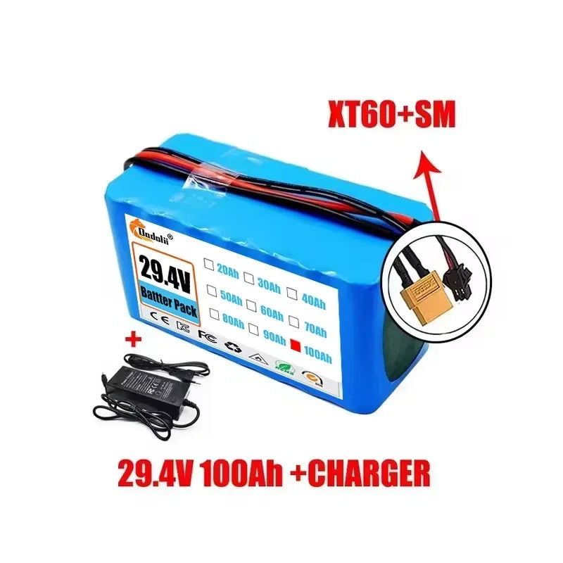 29.4V 100Ah 7S3P 18650 Lithium-Ion Battery Pack — Suitable for 24V–29.4V Motors with 2A Charger