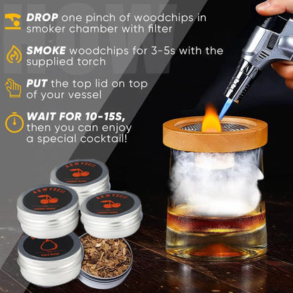 Cocktail Smoker Kit — Whiskey Wooden Smoker with Apple, Cherry, Oak & Pecan Wood Chips, Bar & Kitchen Drink Accessory
