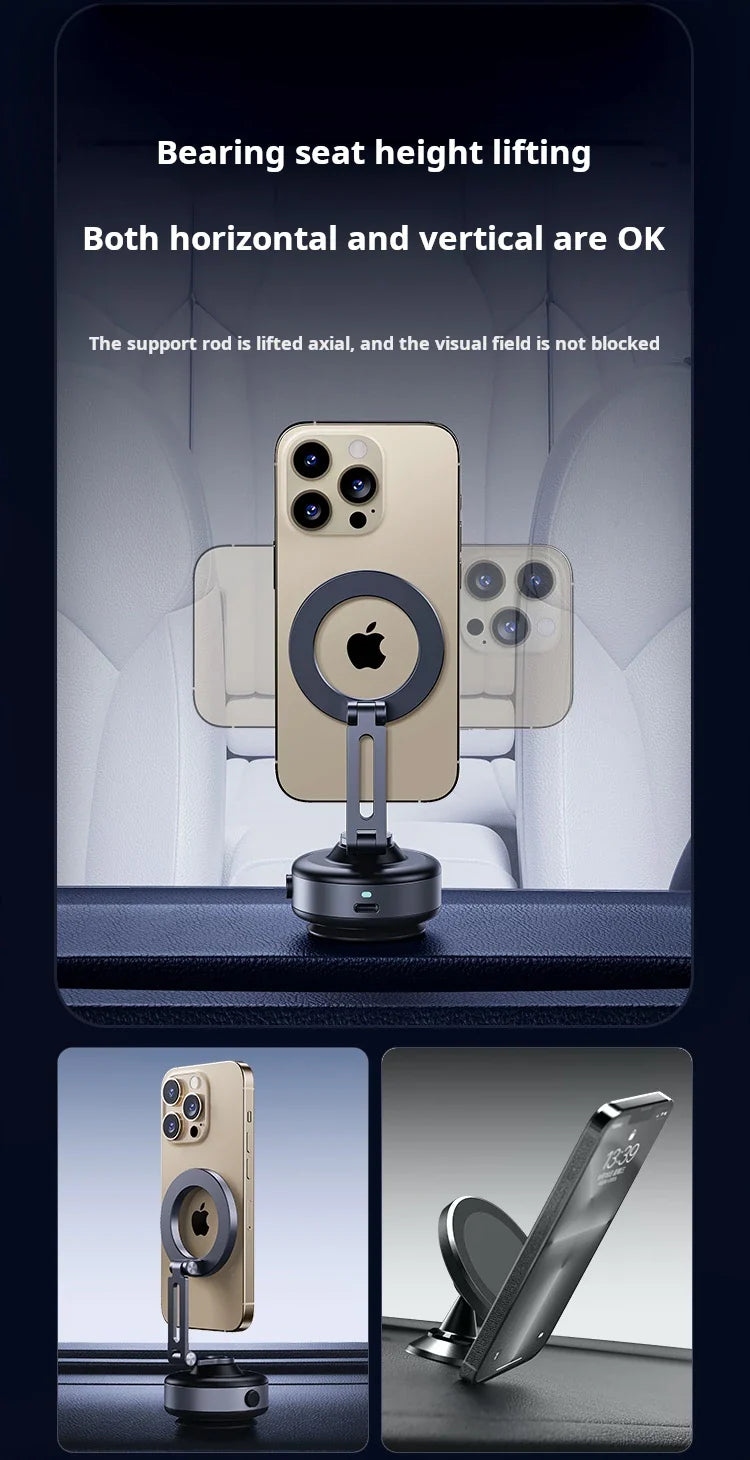 Magnetic Vacuum Adsorption Car Mount – Foldable 360° Rotating Aluminum Alloy Phone Holder for Smartphones