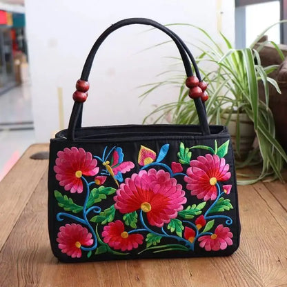 Embroidered Canvas Top Handle Bag for Women - Double Layered with Zippered Compartments, Ideal for Work and Play