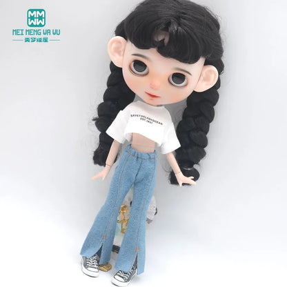 Blythe Doll Clothes – Fashion Tops, Black & White Shirts with Jeans & Plaid Pants for Azone OB22/OB24 Dolls