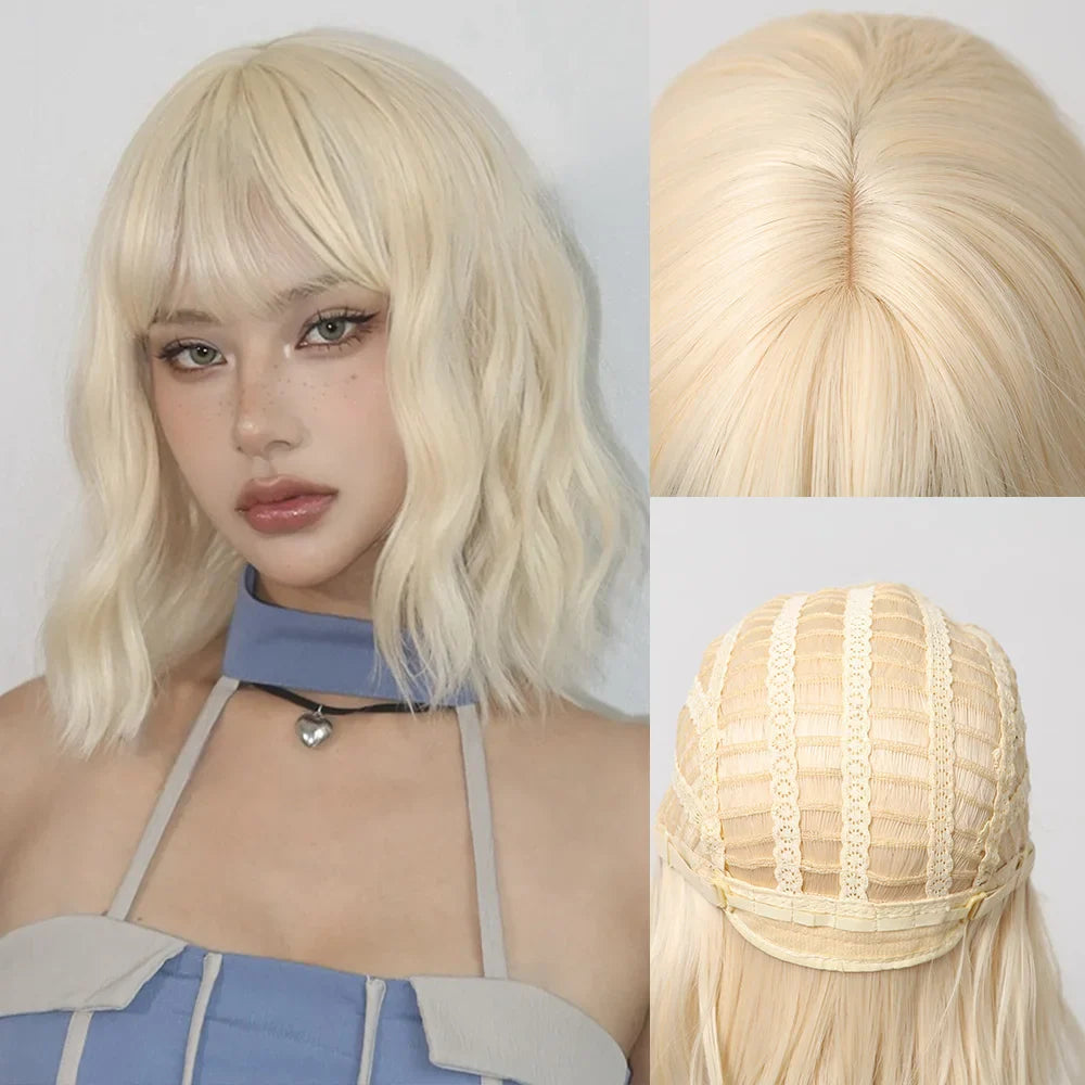 Blonde Short Curly Bob Synthetic Wig with Bangs – Platinum Golden Lolita Cosplay Wig for Women, Heat-Resistant for Daily & Party Use